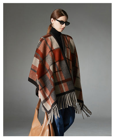 Chal Cuadriculado con Borlas Europeo y Americano en Camel - Image 16