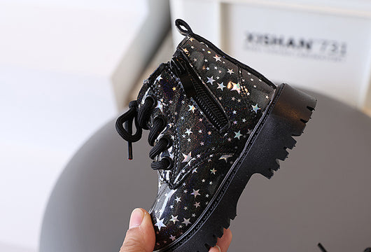 White toddler girls' boots with a holographic star pattern, lace-up front, and side zipper closure. - Image 39