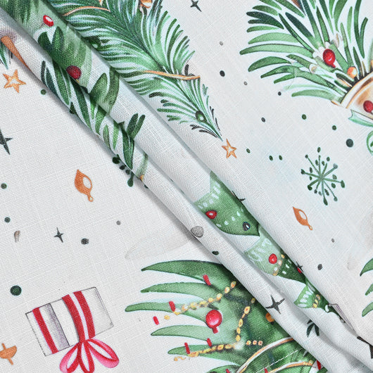 White Christmas curtains with green trees, red ornaments, and gold stars, hung on a silver rod. - Image 17