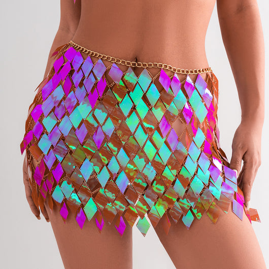 Woman wearing a gold-tone body chain top with iridescent pink and orange diamond-shaped sequins, perfect for beach or festival. - Image 31
