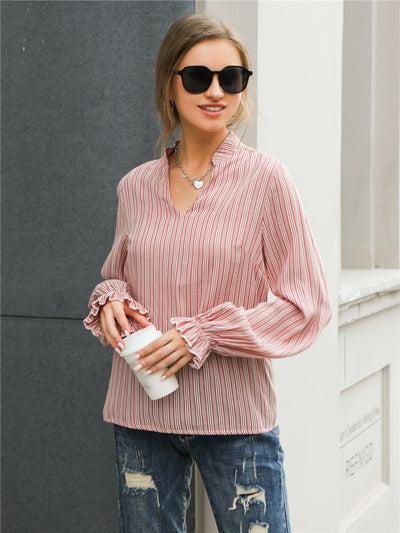 Blusa Rayada de Cuello V Suelta para Mujer - Diseño Original de Manga Larga - Image 9