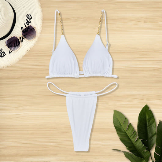 White three-point bikini with gold chain straps on a mannequin, featuring a triangle top and thong bottom. - Image 38