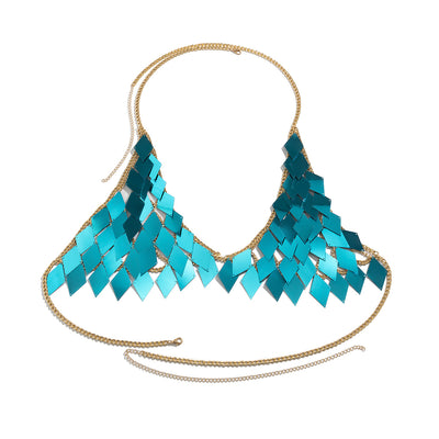 Woman wearing a gold-tone body chain top with iridescent pink and orange diamond-shaped sequins, perfect for beach or festival. - Image 65