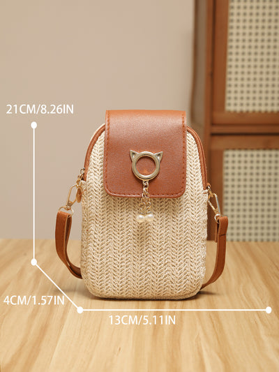 Bolsa para Teléfono de Paja con Perla y Borla Elegante - Image 8