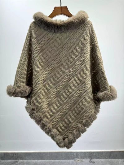 Poncho Tipo Capa de Punto Grueso con Cuello de Pelaje - Image 24