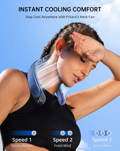Dark blue U-shaped neck fan with air vents, small fan grilles, and a rose gold accent ring. - Image 24