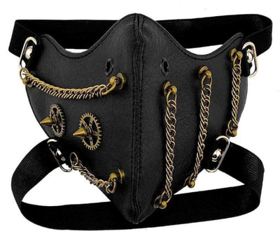 Black leather half-face mask with brass chains, spikes, and gear accents, featuring adjustable elastic straps. - Image 44