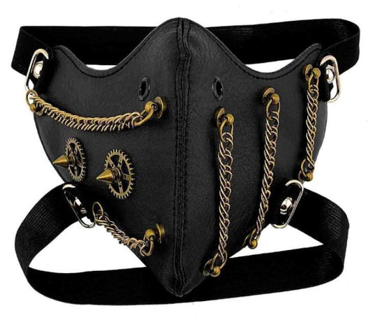 Black leather half-face mask with brass chains, spikes, and gear accents, featuring adjustable elastic straps. - Image 44