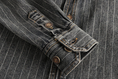 Camisa Denim Retro Británica a Rayas Negras y Grises para Hombre - Image 10