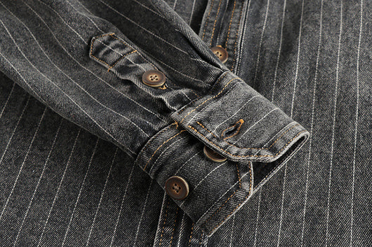 Camisa Denim Retro Británica a Rayas Negras y Grises para Hombre - Image 10