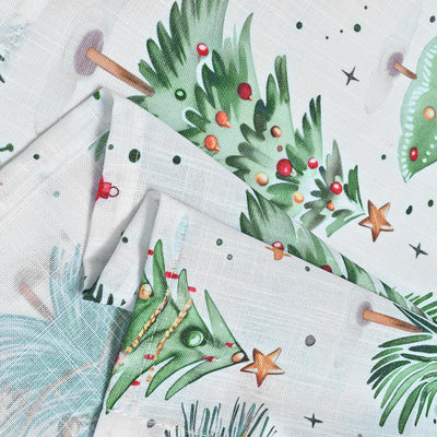 White Christmas curtains with green trees, red ornaments, and gold stars, hung on a silver rod. - Image 11