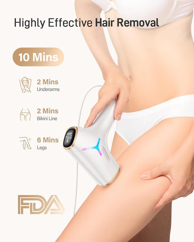 White and gold IPL hair removal device with safety glasses and razor, shown with its "Hair Removal" packaging. - Image 19