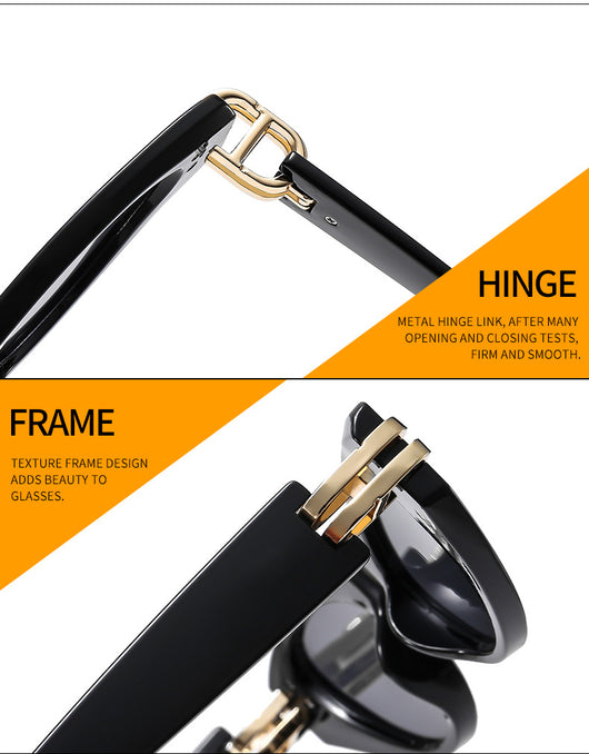 Black cat-eye sunglasses with dark gray lenses and gold-tone hinge accents on a white background. - Image 21