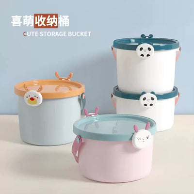 Two plastic storage buckets, one small and one large, with light blue bodies and orange lids featuring cartoon reindeer faces. - Image 22