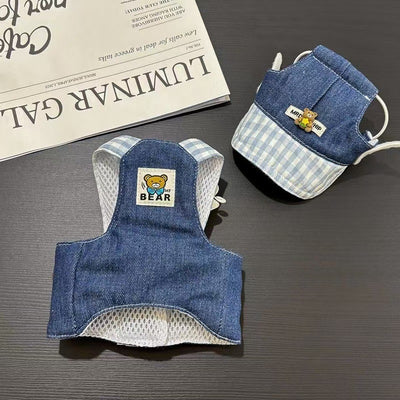 Denim and blue gingham pet harness with mesh back and a matching hat, both featuring cute bear and star patches. - Image 10