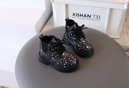 White toddler girls' boots with a holographic star pattern, lace-up front, and side zipper closure. - Image 25