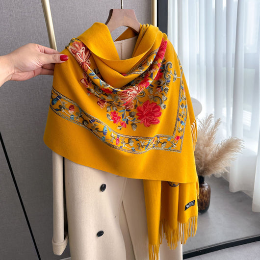 Bufanda de Seda Bordada Rojo Dorado con Lana Gruesa para Invierno - Image 29