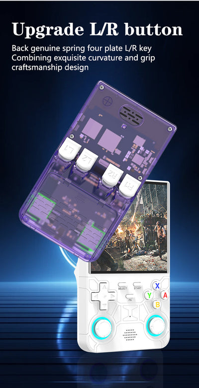 White handheld game console with a 4-inch HD screen, dual joysticks, and various buttons, shown with blue, black, and purple variants. - Image 18