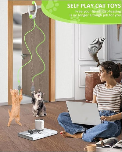 Automatic interactive cat toy with a white and blue door hanger, retractable string, and grey mouse lure. - Image 21