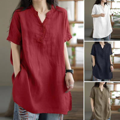Camiseta Suelta Básica Cuello V Manga Corta para Mujer - Image 14