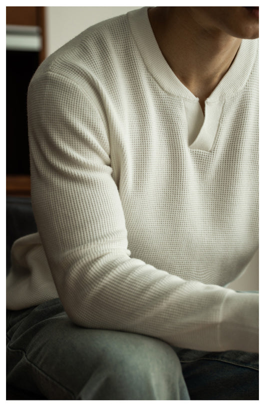 Suéter Henley Casual de Cuello V y Manga Larga para Hombre - Image 31
