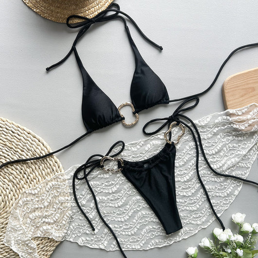 Bikini Entallado de Color Liso con Lazos Ajustables - Image 12