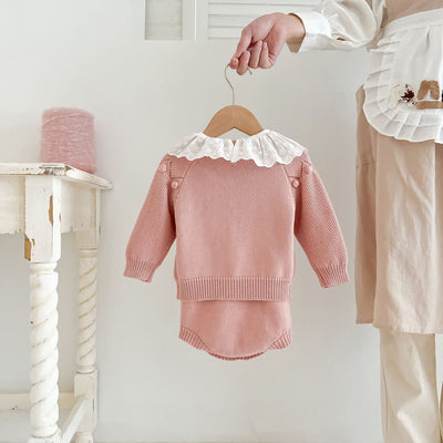 Conjunto Tejido a Mano para Recién Nacido - Cardigan y Mameluco con Flor - Image 21