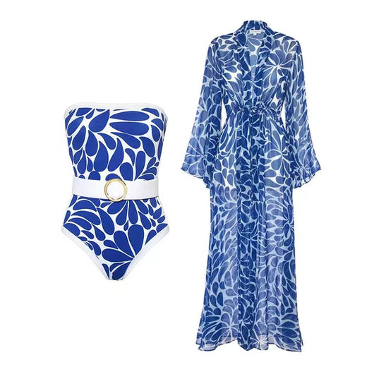 Woman in black and white floral print one-piece swimsuit with matching long-sleeved kimono cover-up and white belt. - Image 30