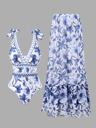 White and green floral print one-piece swimsuit with tie-shoulder straps and matching long chiffon skirt. - Image 10
