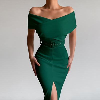 Falda Elegante con Hombro Descubierto y Abertura Lateral - Image 13
