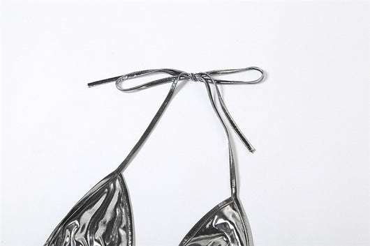Purple reflective two-piece bikini with a halter neck top and tie-side bottoms, featuring a shiny solid color fabric. - Image 23