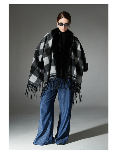 Chal Cuadros Blanco y Negro con Cuello de Piel - Estilo Europeo Otoño Invierno - Image 20