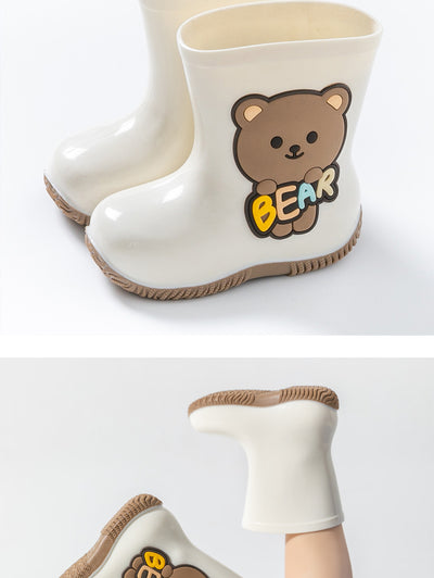 White children's rain boots with a brown cartoon bear holding colorful 'BEAR' lettering and a white fleece lining. - Image 13