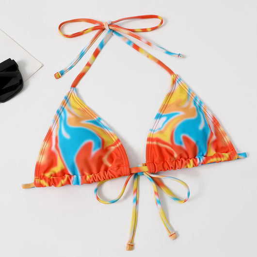 Four-piece tie-dyed bikini swimsuit set in orange, yellow, and white, with a triangle top, high-cut bottoms, ruched mini skirt, and matching headscarf. - Image 20