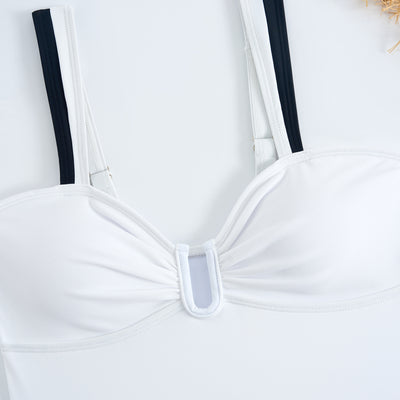 White one-piece women's swimsuit with black side panels and straps, featuring a ruched bust and U-shaped detail. - Image 38