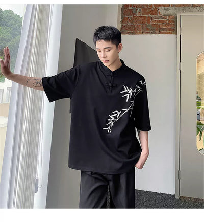 Camisa de Manga Corta con Bordado de Hojas de Bambú para Hombre - Image 9
