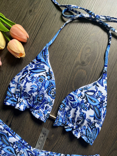 Women's blue and white porcelain print halter bikini with tie-side bottoms and blue tassels. - Image 28