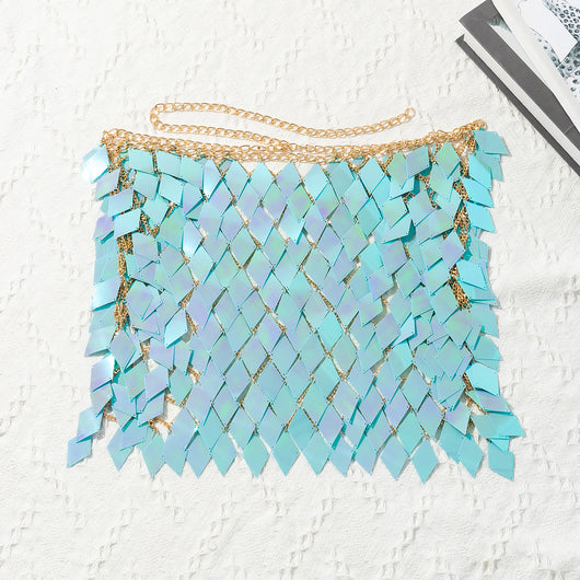 Woman wearing a gold-tone body chain top with iridescent pink and orange diamond-shaped sequins, perfect for beach or festival. - Image 81
