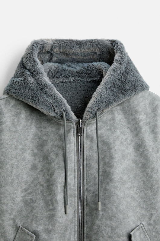 Chaqueta Bomber Reversible con Capucha de Cuero Sintético para Hombre - Image 13