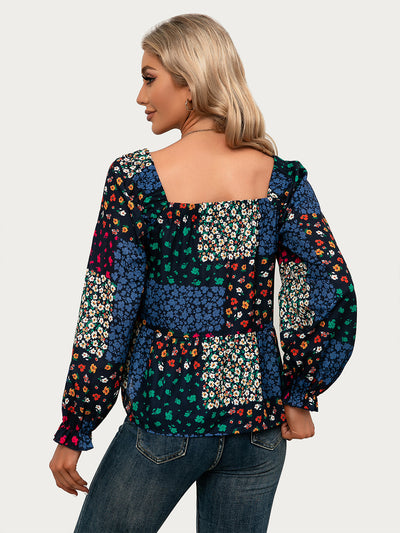Blusa Casual con Cuello Cuadrado, Mangas Volantes y Flores Pequeñas - Image 12