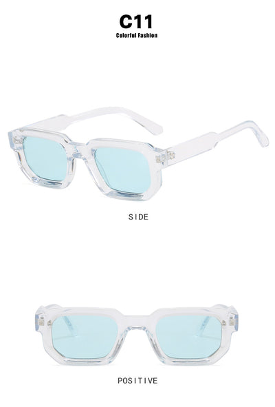 Black square-frame sunglasses with thick, angular frames and dark blue lenses, shown on a white background. - Image 22