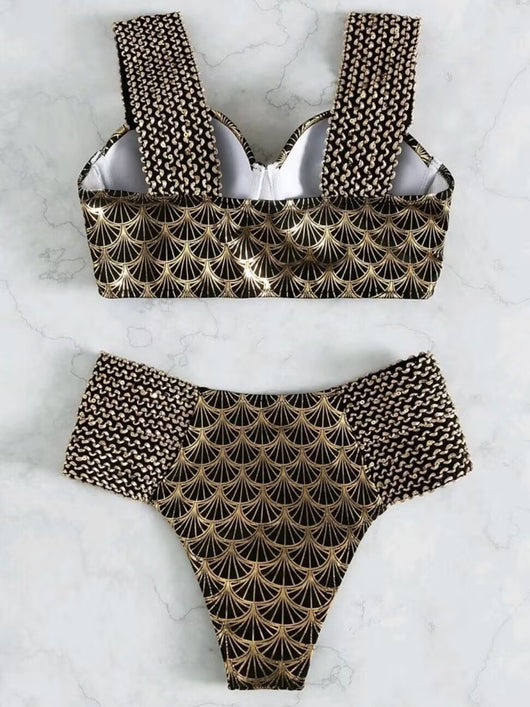 Women's high-waisted two-piece bronzing swimwear with black and gold art deco fan pattern and textured straps. - Image 12