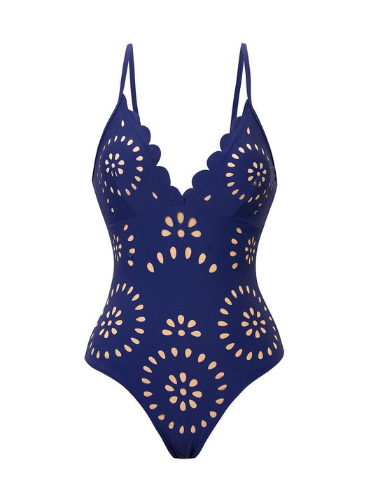 Navy blue women's one-piece swimsuit and matching midi skirt set with laser-cut floral patterns and scalloped edges. - Image 13