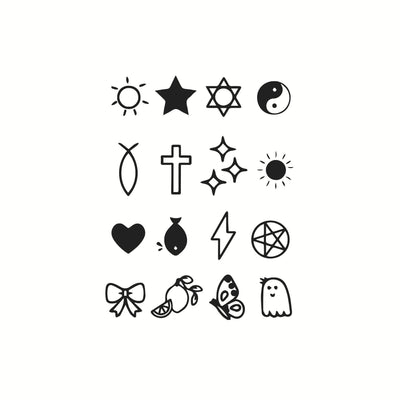Sheet of 24 black outline doodle temporary tattoo stickers including a bow, heart, crown, sun, stars, and flowers. - Image 32