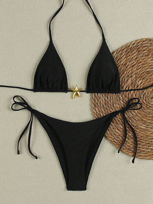 White women's bikini with triangle top and tie-side bottom, featuring a gold starfish charm on the center front. - Image 38