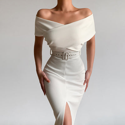 Falda Elegante con Hombro Descubierto y Abertura Lateral - Image 19