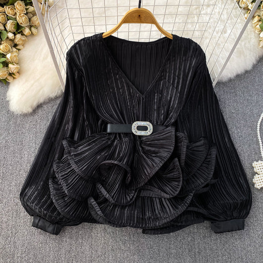 Blusa Suelta con Cuello V, Mangas Largas y Volantes en Bajo - Image 37