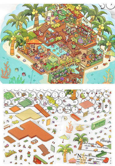 "Sea Studio" extra large landscaping stickers with a three-dimensional cottage island design and various decorative elements. - Image 16