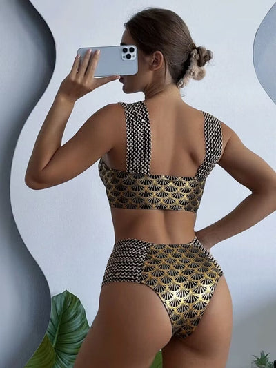 Women's high-waisted two-piece bronzing swimwear with black and gold art deco fan pattern and textured straps. - Image 14