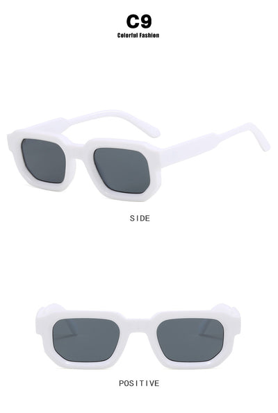 Black square-frame sunglasses with thick, angular frames and dark blue lenses, shown on a white background. - Image 46